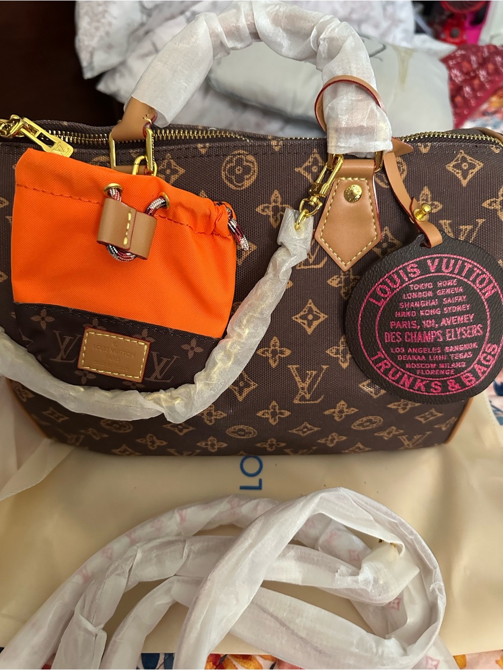 Monogram Satchel Exterior Pocket and Pink Tag